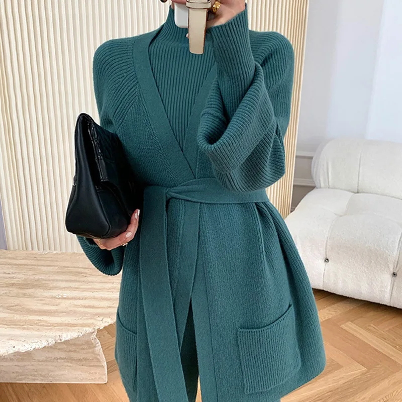 Knitted Women Cardigans Sets Turtleneck Long Sleeve Pullovers + Wide Leg Pants Suit 2023 Fall Winter Elegant Ladies Set 3 Pieces