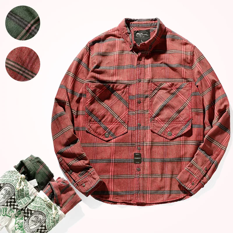 8012# Autumn Europe America Simple Fashion Plaid Youth Long-Sleeve Blouses Washed Oxford Cloth Business Men\'s Multi-pocket Shirt