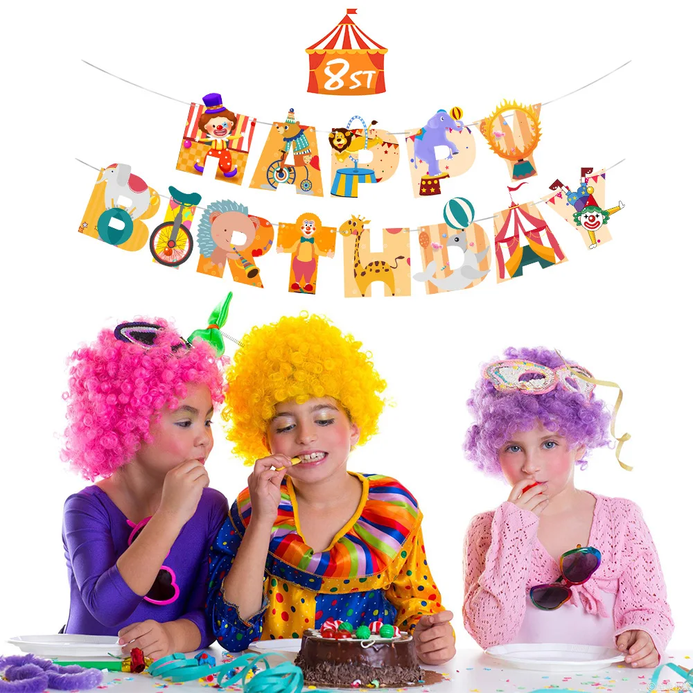 Pancarta de dibujos animados de animales para Baby Shower, cartel de feliz cumpleaños, Carnaval, circo, decoración de fiesta de cumpleaños, recuerdos de fiesta de cumpleaños para niños