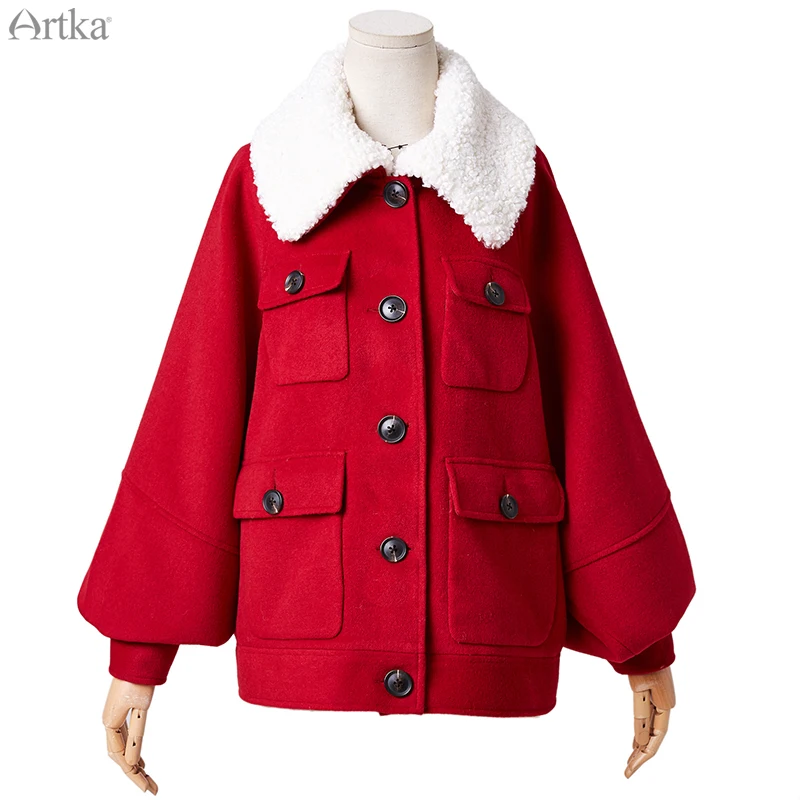 ARTKA – manteau en laine pour femme, veste épaisse, boutonnage simple, avec poche détachable, col en fourrure d'agneau, vêtements d'extérieur, nouvelle collection hiver 2019, WA10193Q