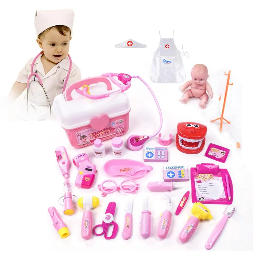 28pcs Children Play House Puzzle Simulation Medicine Box Doctor Toy Set Girl Medical Tool Role Play Doll Doctor Clothes