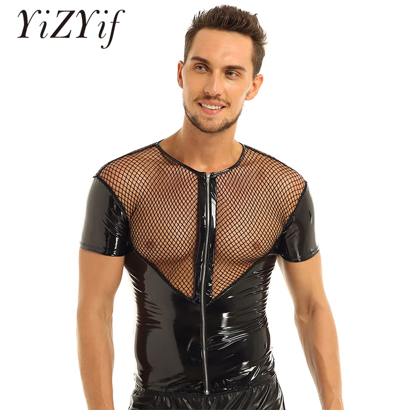 

Mens Sexy Tops Wetlook Punk Clubwear Patent Leather Fishnet Splice Short Sleeve Shirt Tops Clubwear Stage Night Costumes T-shirt