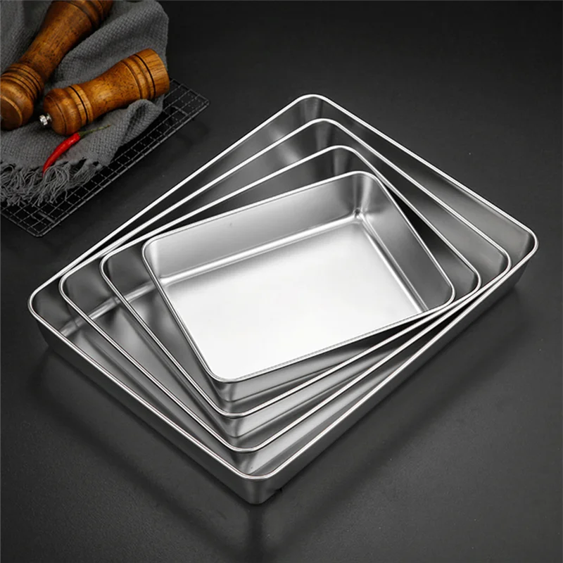 

Stainless Steel Food Trays Plates with Handle Rectangle Fruit Vegetables Storage Pan Cake Bread Baking Dish Kitchen Bakeware