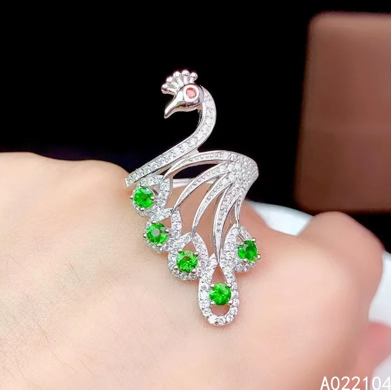 

KJJEAXCMY fine jewelry 925 sterling silver inlaid Natural Diopside women luxury classic peacock adjustable gem ring party gift