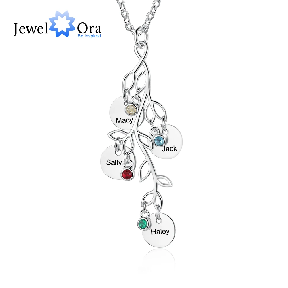 JewelOra Personalized Birthstone Family Tree Necklace Women Customized Name Engraved Pendant Necklaces Christmas Gift for Mother