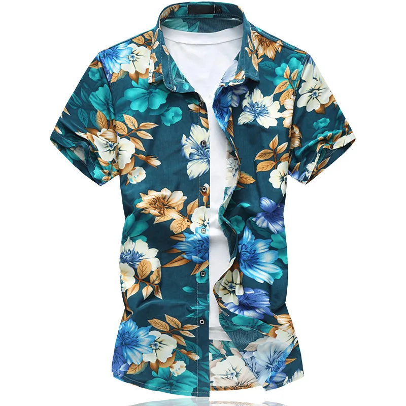 Summer Cotton Mens Short-Sleeves Shirts Ultra-Thin Lapel Large Size S-6XL Male Slim Fashion Casual Floral Top Comfortable