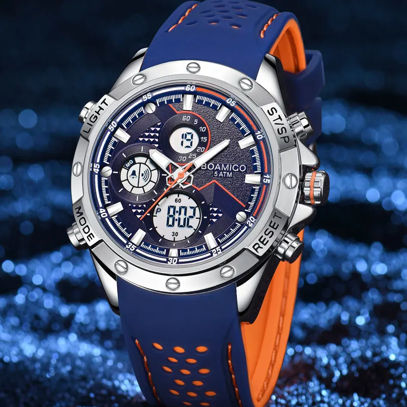 

BOAMIGO 2022 Fashion Casual Blue Watch Men Military Digital Analog Quartz Chronograph Rubber Strap Watch Waterproof sport Watch