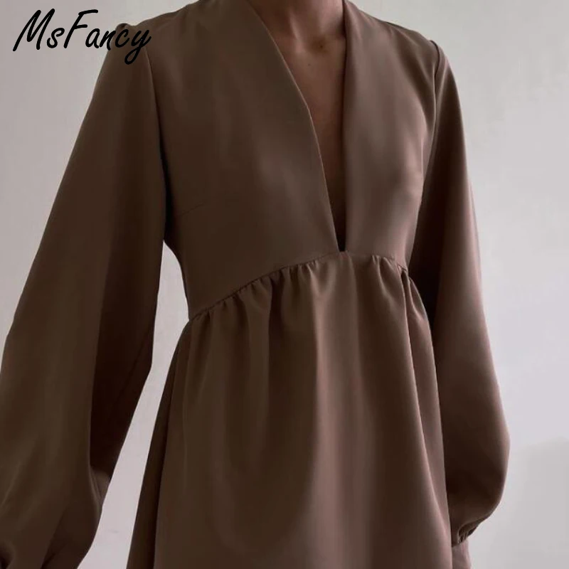 Msfancy-Mini Robe Rose pour Femme, Tunique à Col en V, Mode Coréenne, Manches Lanternes, Robe de Soirée, 2022