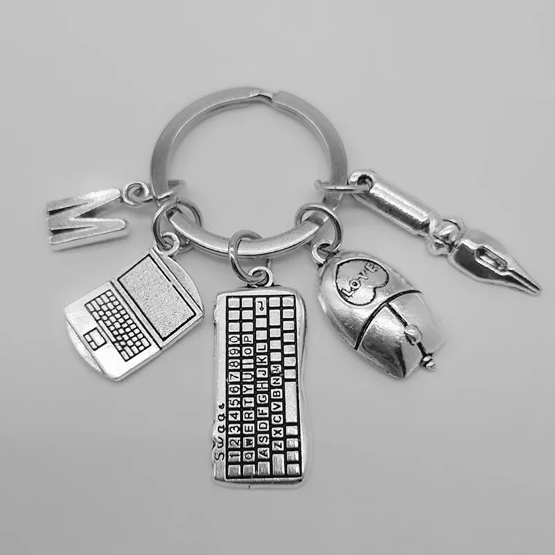 Hot sale A-Z letter laptop mouse keyboard keychain fashion key ring DIY metal bracket chain jewelry gift