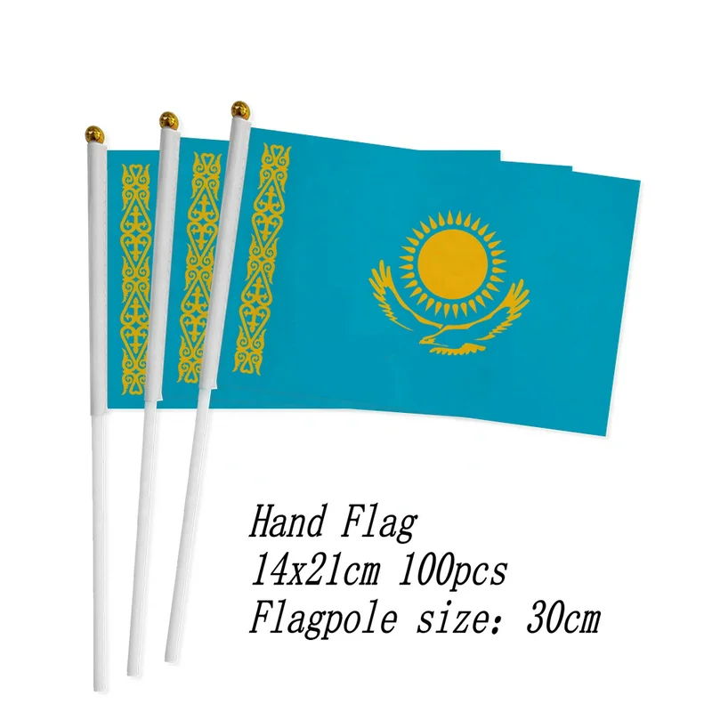 

zwjflagshow Kazakhstan Hand Flag 14*21cm 100pcs polyester fabrics Kazakhstan Small Hand waving Flag with plastic flagpole