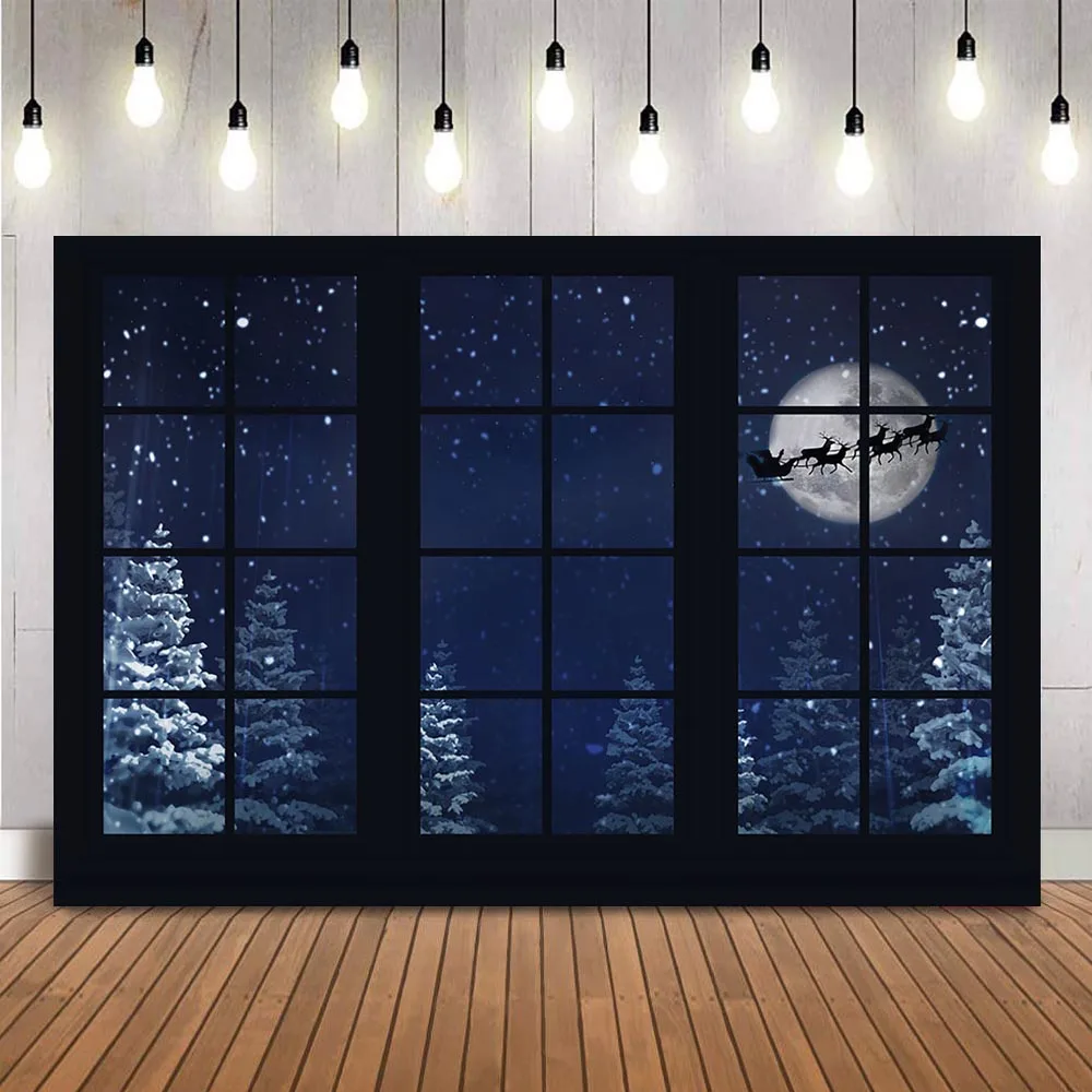 

Christmas night sky Full moon night backdrop for photography studio windows pine forest photo booth background photocall prop