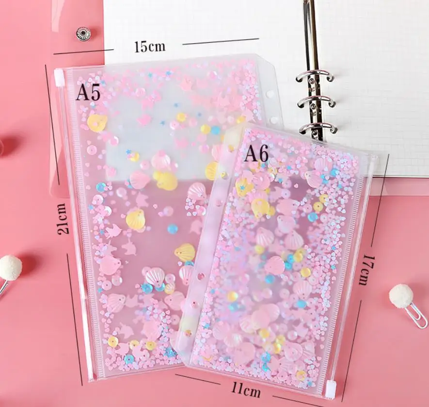 A5/A6 6 Holes Binder Pockets Plastic Zipper Envelopes Pouch For 6-Ring Notebook Built-in Glitter Flakes Stars Decoration