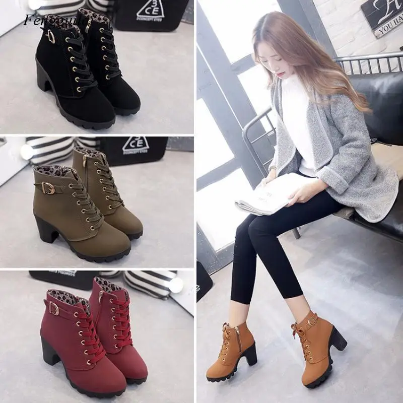 

New Spring Winter Women Pumps Boots High Quality Lace-Up European Ladies Shoes Pu High Heels Boots Fast Delivery