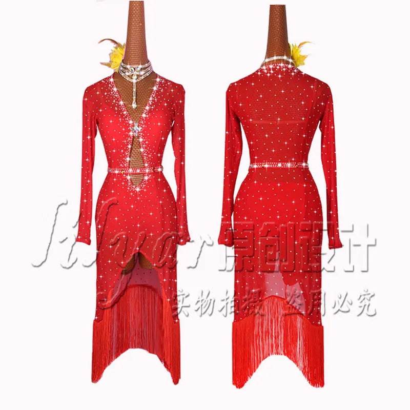 Latin Dance Dress Latin Skirt Competition Dress Costumes Performing Dress Practice Skirt Customize Adult Kids Lady Red Mesh New