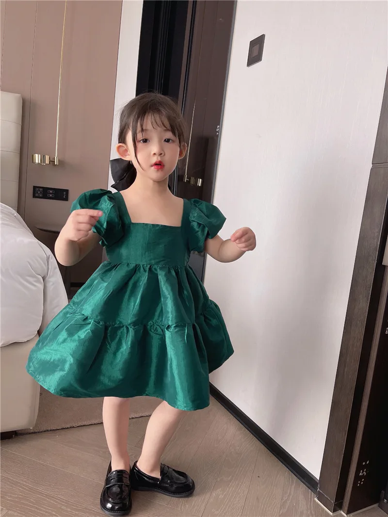 Green Bubble Parent-child Dress Family Matching Outfits Clothes Baby Girls Mom Princess Dress Fashion Summer Women Kids Costume