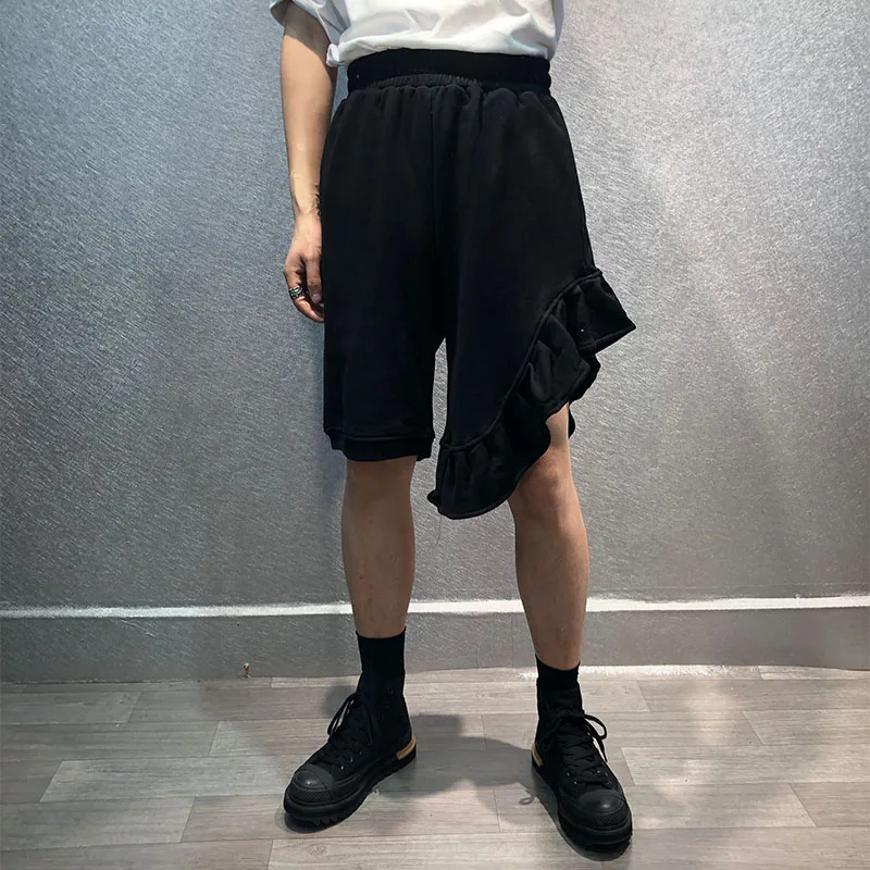 

Men's summer trend personality asymmetrical five-minute pants black elastic waist loose shorts go with everything