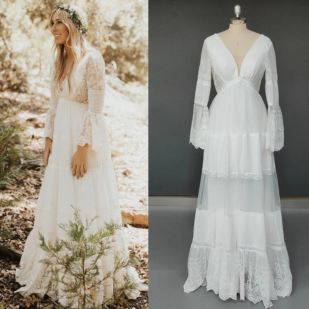 Robe de mariée en mousseline de soie, tenue de randonnée, col en v, dos nu, perles, grande taille, style Boho, ligne A, sur mesure, manches à volants