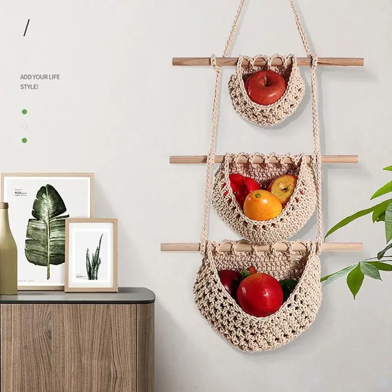 

3 Layer Home Kitchen Hanging Basket Fruit Vegetable Net Bag Woven Fruit and Vegetable Net Bag for Home Kitchen Garden Decor