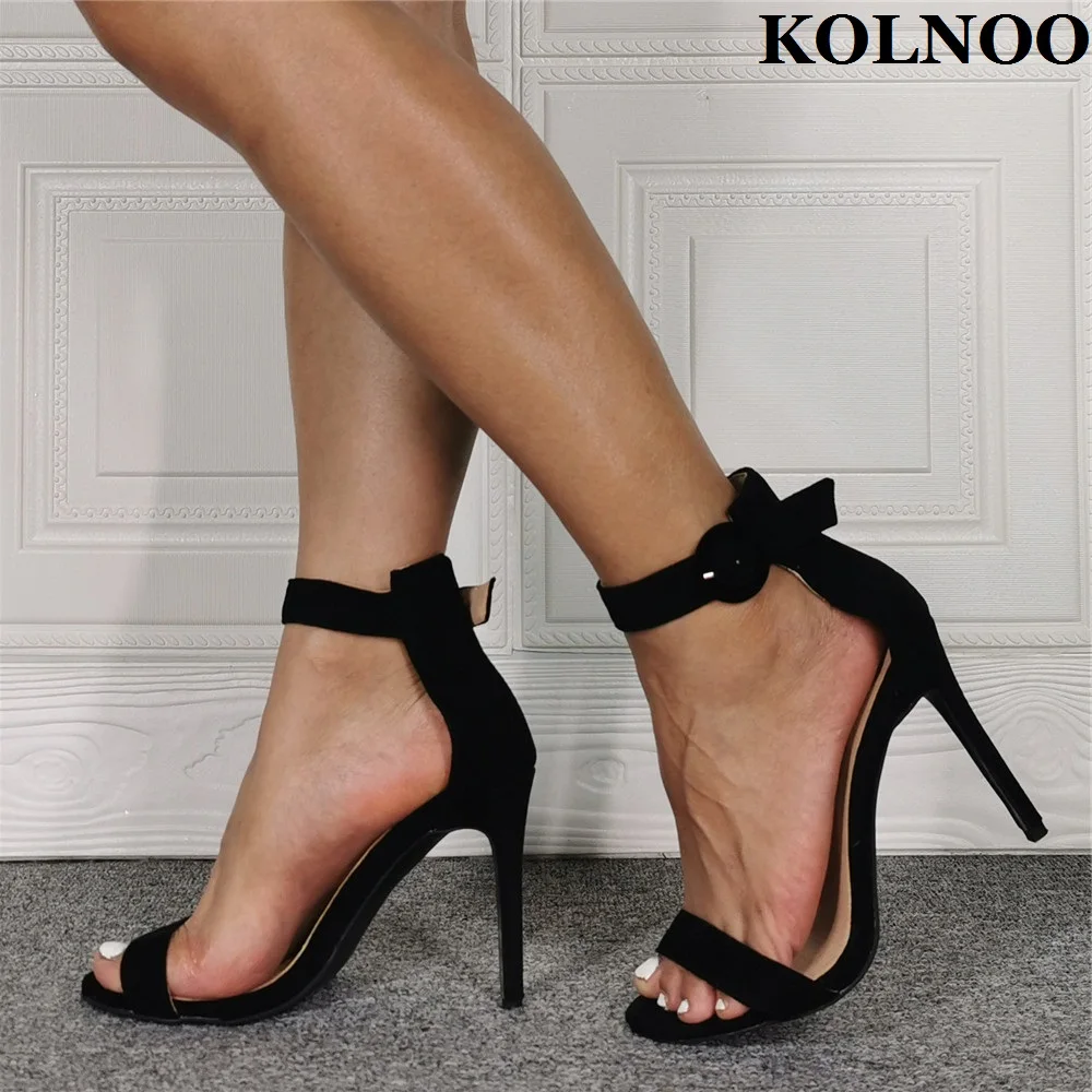 Kolnoo Handmade Simple Eurolish Style Womens High Heels Sandals Buckle Ankle Strap Kid Suede Summer Evening Fashion Black Shoes