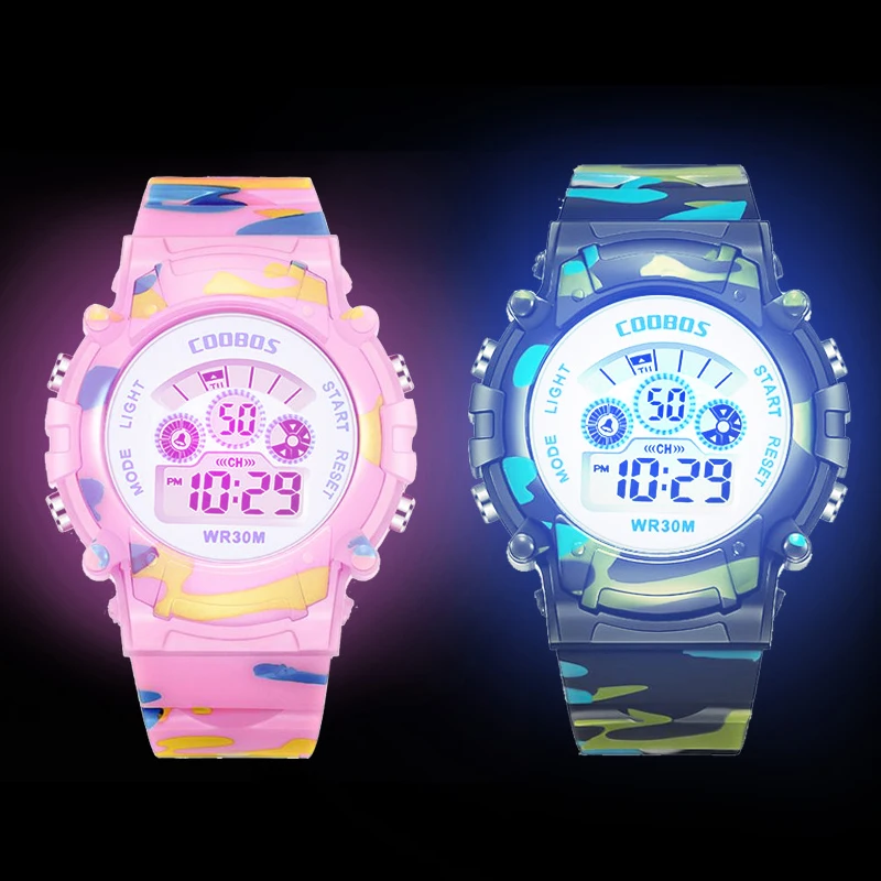 Luminous Camouflage Kids Watches LED Colorful Flash Digital Waterproof Alarm for Boys Girls Date Week Creative Children's Clock