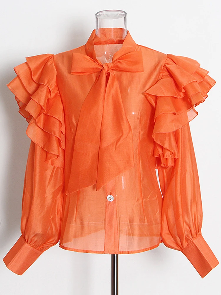 ECRURANI Solid Fold Pleated  Shirt For Women Lapel Long Sleeve Patchwork Ruffle Trim Loose Autumn Fashion Blouse Female 2021 New