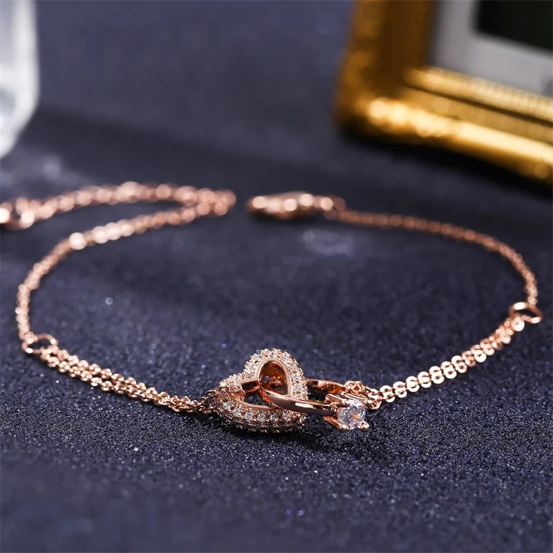 Shiny Zircon Buckle Women Bracelet Heart Circle Bracelets Copper Plated Read Gold Pulseras Bracelet Valentine\'s Day Gift