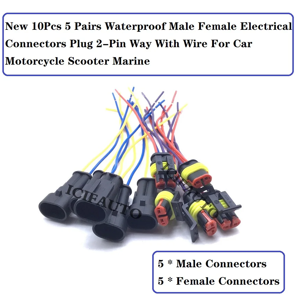 

New 10 Pcs / 5 Pairs Waterproof Male Female Electrical Connectors Plug 2-Pin Way With Wire For Car Motorcycle Scooter Marine