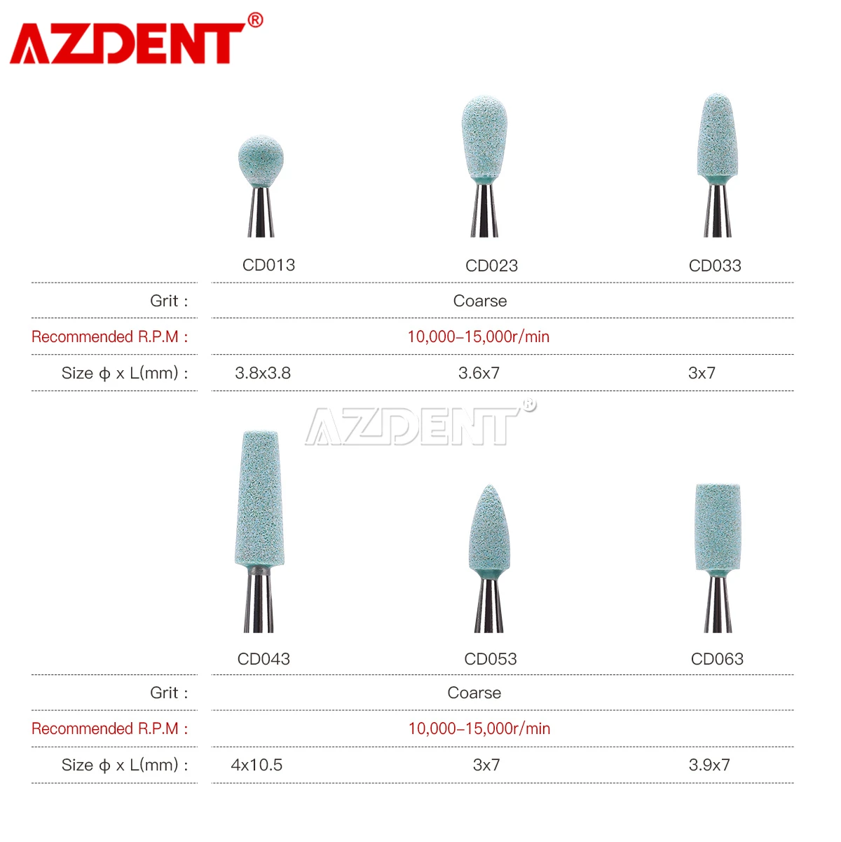 AZDENT Dental Ceramic Diamond  Polishing Head Polisher Stone Grinder Zirconia  Porcelain Coarse Grit Shank Diameter RA 2.35mm