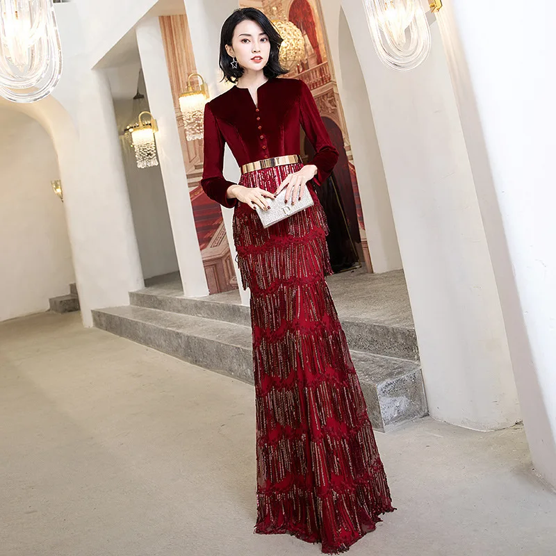 

Burgundy Sequins Chinese Sexy Queen Oriental Party Female Cheongsam Stage Show Qipao Dress Elegant Celebrity Banquet Dresses