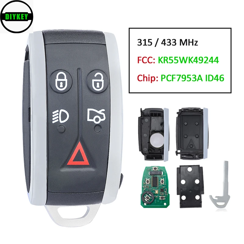 

DIYKEY Remote Car Key 5 Buttons For Jaguar XF XF XFR XK XKR 2009-2013 315/433MHZ ID46 7945 Chip FCC: KR55WK49244 Keyless Entry