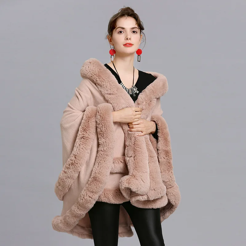 7 Women 2 Circle Fur Poncho Shawl Cloak With Hat Faux Fox Cape Big Pendulum Dovetail Cardigan Winter Warm Thick Loose Overcoat