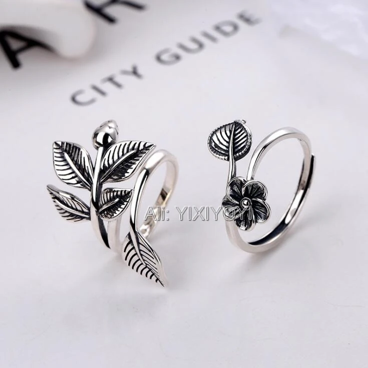 YIXIYOYI 925 Silver Vintage Leaf Flower Design Rings Open Retro Cool Thai Silver Rings for Woman man Special Gift Jewelry