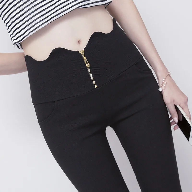 Spring and autumn 2019 outside Leggings female students elastic Capris black zipper thin pencil pants high waist