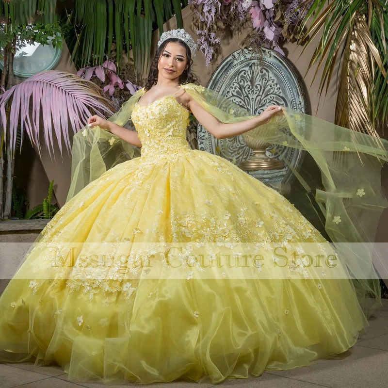 2022 abito Quinceanera giallo Royal Illusion maniche lunghe Sweetheart Applique Party Sweet 16 Gown