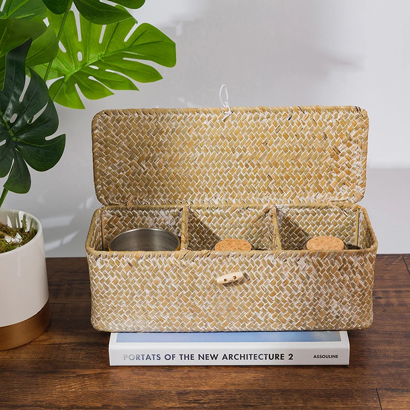 Seagrass Storage Box with Lid, Straw Desktop Organization, Vintage Baskets, Jewelry, Cosmetic Storage Box, 3 Slots