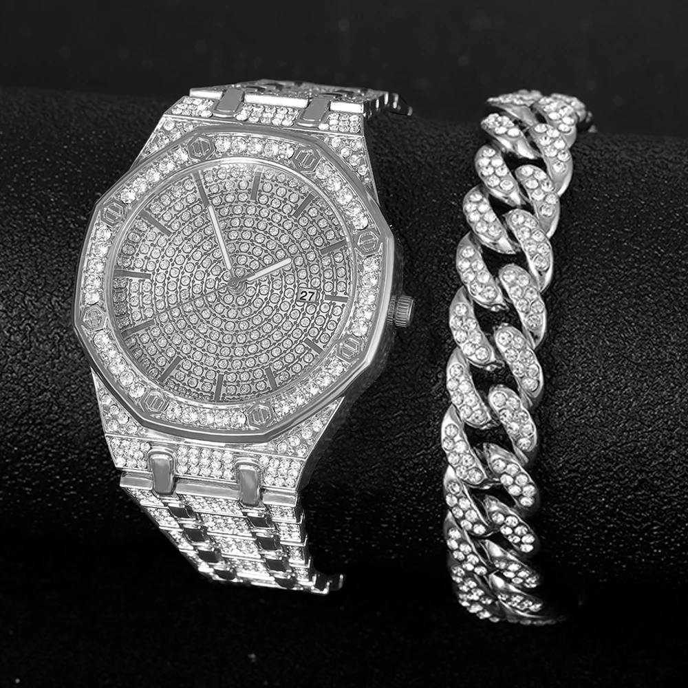 2024 Iced Out Watch Bracelet for Mens Watch Cuban Chain Iced Out Watch Hip Hop Watches Rhinestone Gold Watch Clock relogio