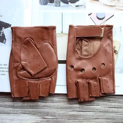 New Women's Sheepskin Half Finger Gloves Leather Single Layer Unlined Thin Hollow Fitness Driver Motorcycle Leather Gloves