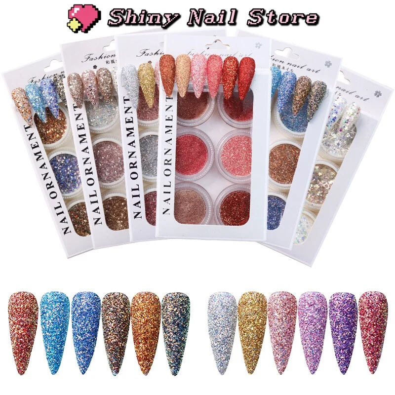 6pcs Nail Glitter Colorful Colors Sandy Powder Shiny Luxury Sparkles Nail Art Sequins Pigment Flakes Dust 3D Decorations SNLF10