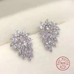 Rhinestone 925 Sterling SIlver Statement Earrings 2021 Geometric Big Leaf Feather Stud Earrings For Women Crystal Wedding Gift