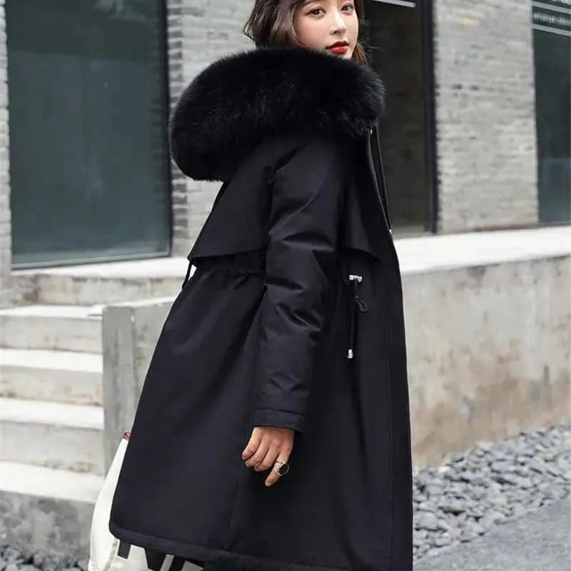 2022 New Winter Parka Women Padded Jacket Velvet Liner Thick Warm Coat Loose Big Fur Collar Hooded Outwear 6XL Casaco Feminino