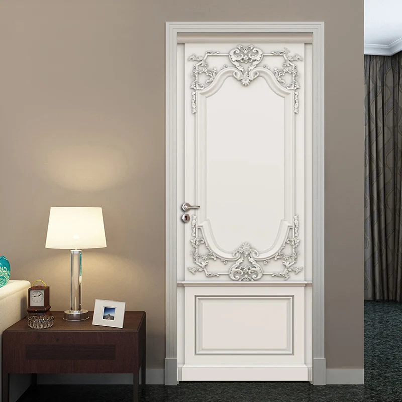 Self Adhesive Door Sticker Wallpaper 3D Relief Plaster Carved European Style Living Room Bedroom Door Mural Sticker Wall Decals
