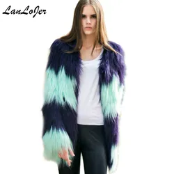 Faux Fox Fur Long Coat Parka Stitching Hit Color Striped Imitation Mink Fur Long-haired Jacket Covered Button Faux Fur Cardigan