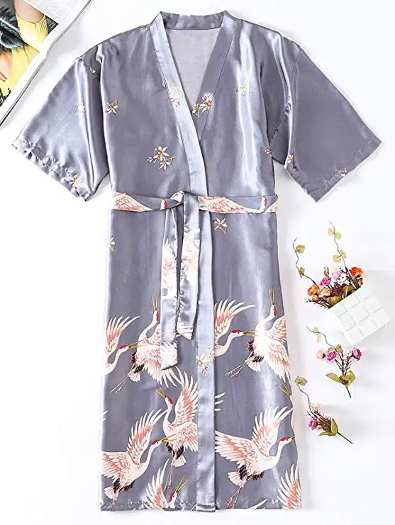 Gray satin Long Bathrobe Women Wedding Bride Bridesmaid Robe Nightgown Sleepwear Print Crane Kimono Size S M L XL XXL XXXL