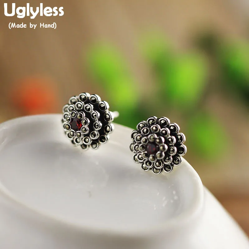 Uglyless 3-layer Marcasite Petals Flowers Studs Earrings for Women Exotic Floral Earrings 925 Silver Brincos MINI Garnet Earring