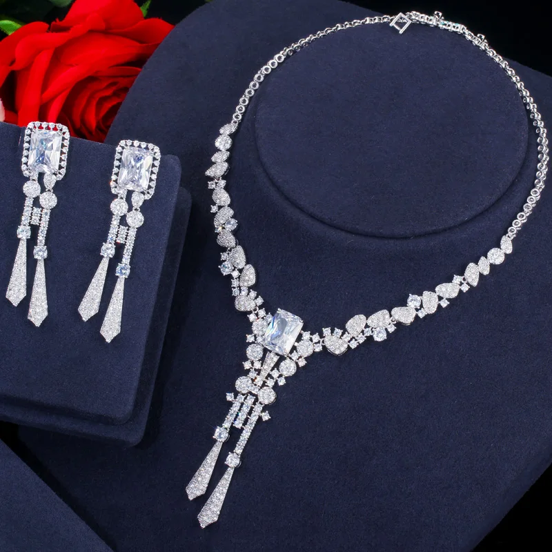 CWWZircons Luxury Yellow CZ Stone Dangle Drop Long Tassel Wedding Earrings Necklace Big Dubai Bridal Dress Jewelry Sets T375