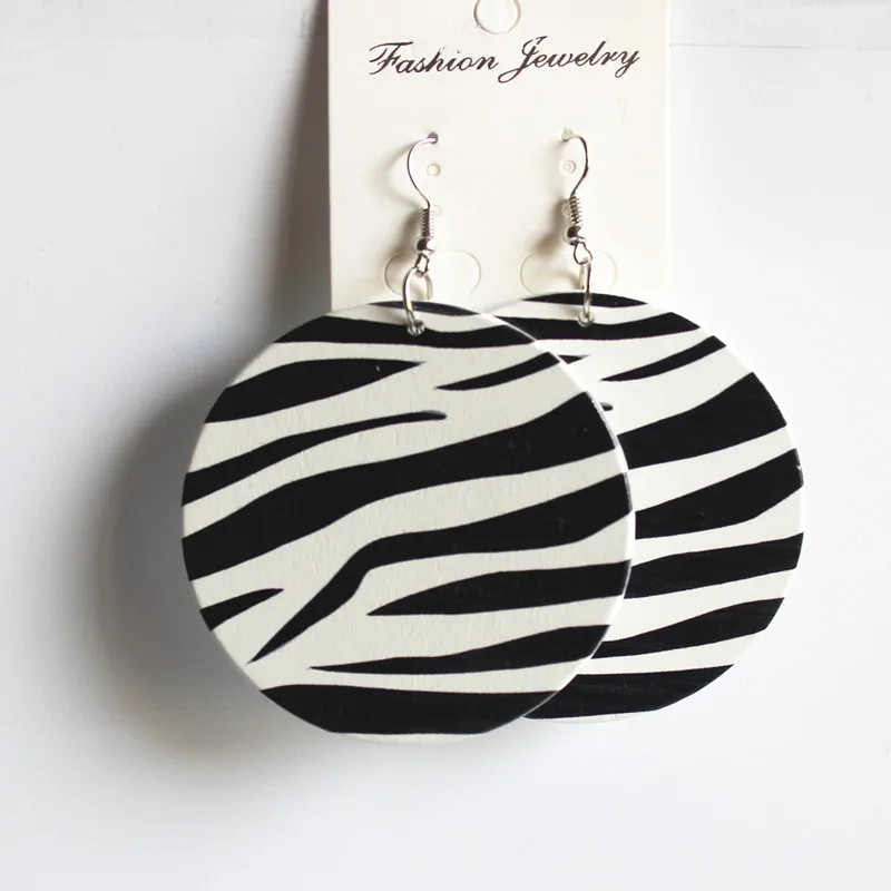 E260 Wood Round Africa Black White Stripes Zebra Printing Earring Wooden Diy Party Engagement Accessory African Jewelry 60cm