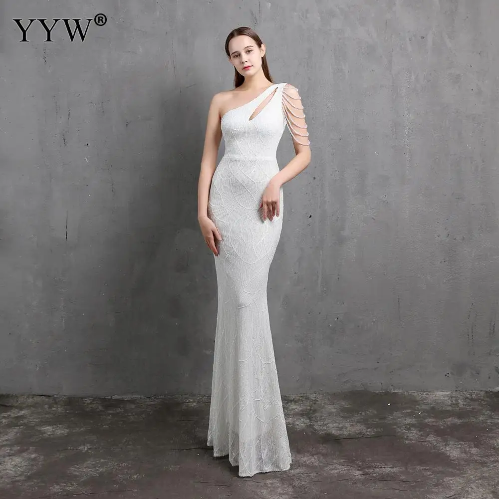 

Sexy One Off Shoulder Silver Long Evening Dress Women V Neck Floor Length Evening Party Fashion Female Club Vestidos Robes