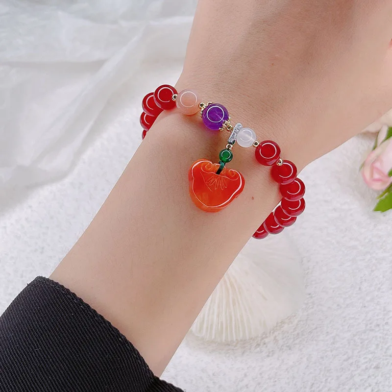 

Red/Green/Yellow/Gray 8mm Natural Agate Beaded Bracelets for Women Ethnic Lucky Quartzite Jade Lock Pendant Fine Jewelry YBR591