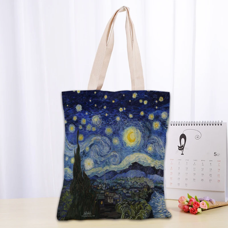 Van Gogh The Starry Night Tote Bag Canvas Fabric Bags Eco Reusable Shopping Bags Traveling Beach Casual Useful Shoulder Bag