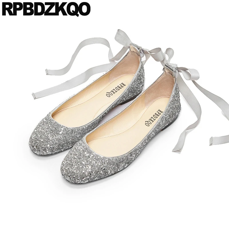 

Glitter Ballerina Wedding Ballet Shoes Plus Size Ankle Strap Flats Bride Silver Sequin Winter 11 Women Fur Bridesmaid 10 Lace Up